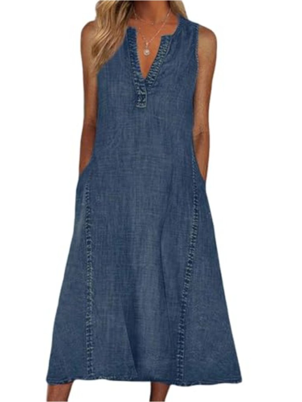 Sleeveless Denim Midi Dress A-Line Shift Dress with Pockets